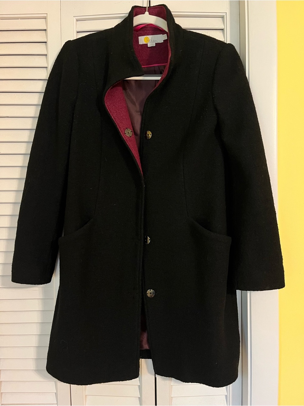 Boden Black Wool Pea Coat with Pink Lining